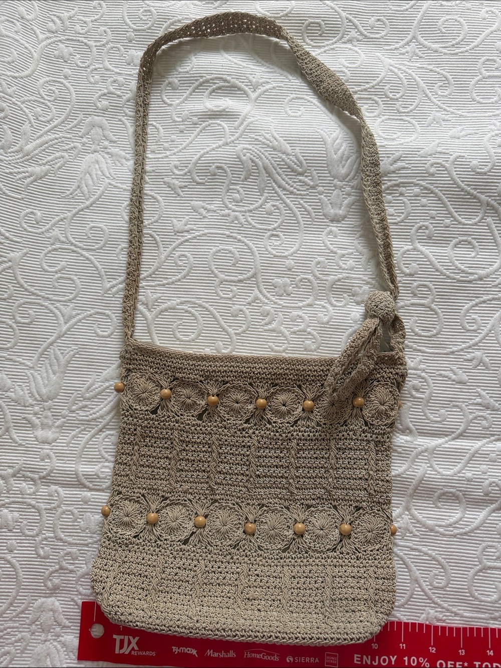 Handcrafted Taupe Crochet Crossbody Bag with Wood Bead Accents - Picture 1 of 7